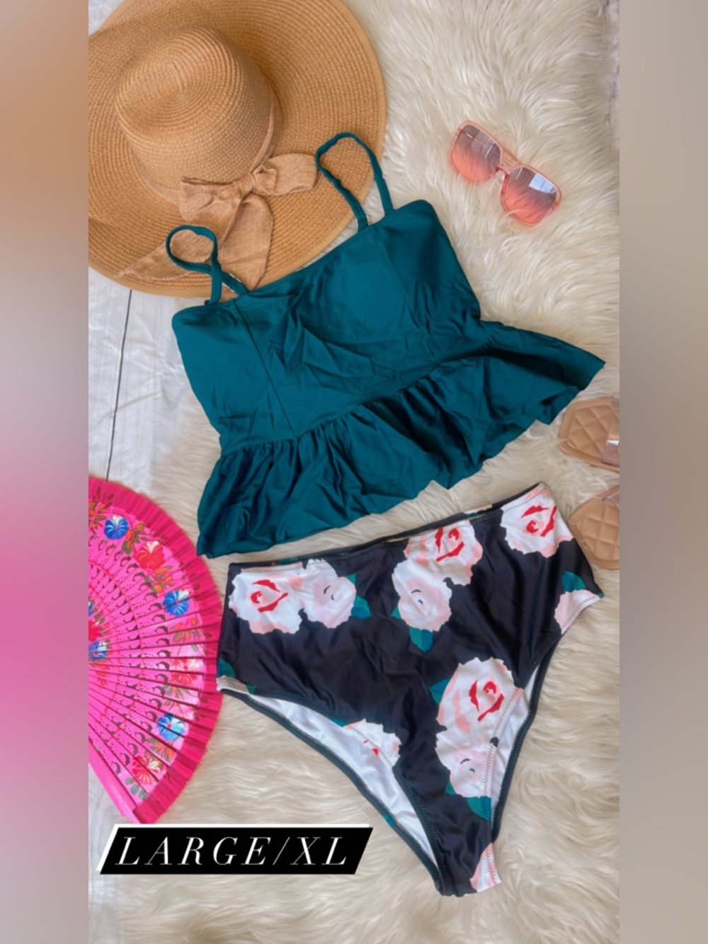 Teal Ruffle Tankini Top with Floral High-Waist Bottoms